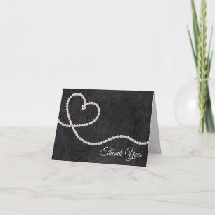 Heart of Pearls on Black Wedding Thank You Card