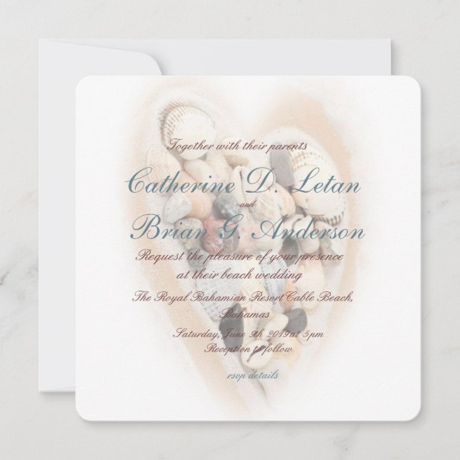 Heart of Seashells Beach Wedding Engagement Invite (Front)