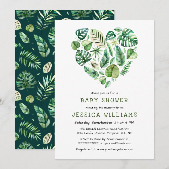 Heart of Tropical Watercolor Foliage Baby Shower Invitation (Front/Back)