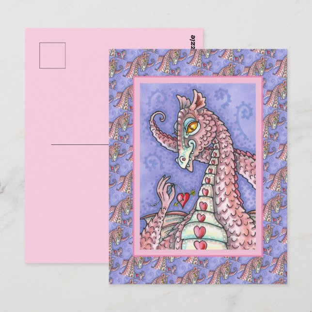 HEART ON A STRING PINK DRAGON VALENTINE, FANTASY POSTCARD (Front/Back)