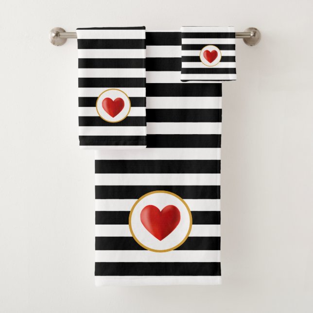 Heart on  Black & White Striped Bath Towel Set (Insitu)