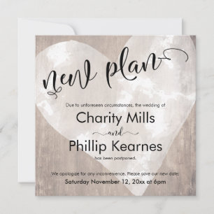 Heart on Wood Postponed Wedding New Plan Card