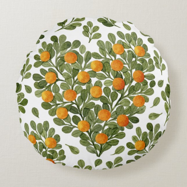 Heart Oranges: Green Branches Love. Round Cushion (Front)