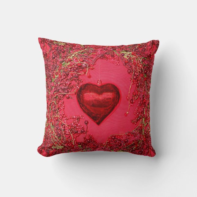 Heart Ornaments in a Beaded Wreath Pillow (Front)