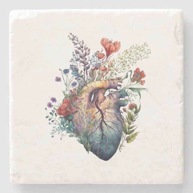 Heart overgrown with florals (cutout) - anatomy  stone coaster (Front)
