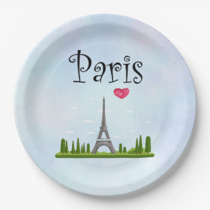 Heart Paris with Eiffel Tower Paper Plate