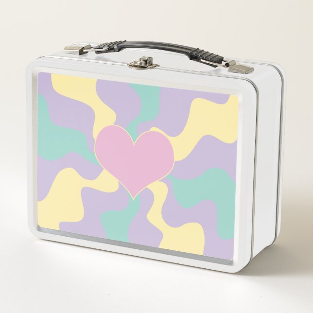 Heart - Pastel Pink, Yellow, Purple and Green Metal Lunch Box (Front)