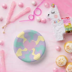 Heart - Pastel Pink, Yellow, Purple and Green Paper Plate