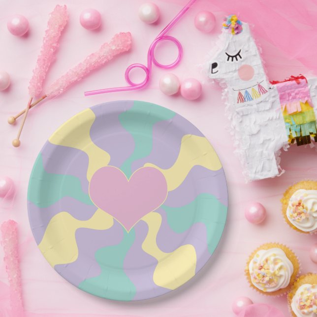 Heart - Pastel Pink, Yellow, Purple and Green Paper Plate (Party)