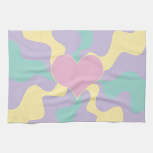 Heart - Pastel Pink, Yellow, Purple and Green Tea Towel
