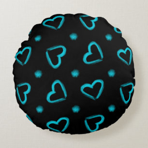 Heart Pattern in Blue & Black Round Cushion