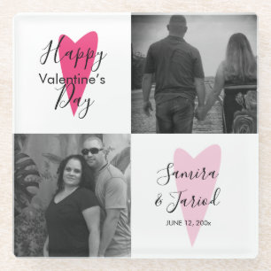 Heart Pattern Photo Collage Valentine’s Day Card Glass Coaster