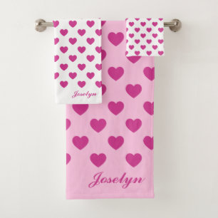 Heart Pattern Preppy Pink y2k Monogram Name Bath Towel Set
