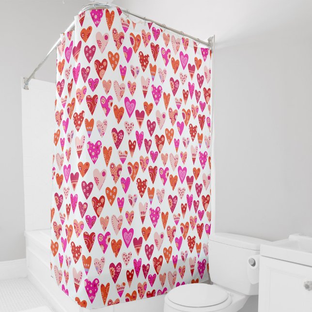 Heart Pattern Red Pink Modern Shower Curtain (Japandi pink and yellow floral heart pattern shower curtain)