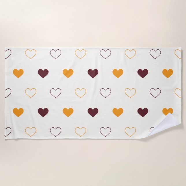 Heart Pattern with Orange & Brown Hearts Beach Towel (Front)