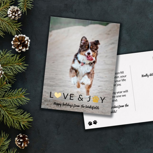 Heart Paw Love & Joy Pet Photo Happy Holidays Foil Holiday Postcard (Creator Uploaded)