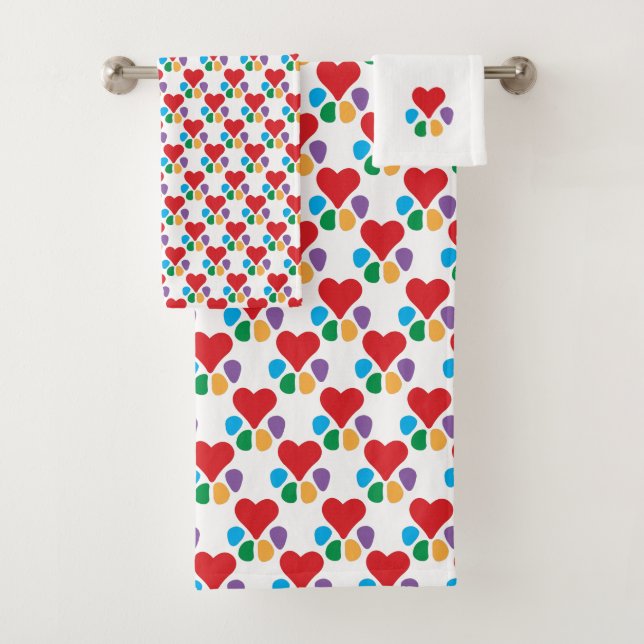 Heart-Paw Pattern Furry Friends Footprints Bath Towel Set (Insitu)