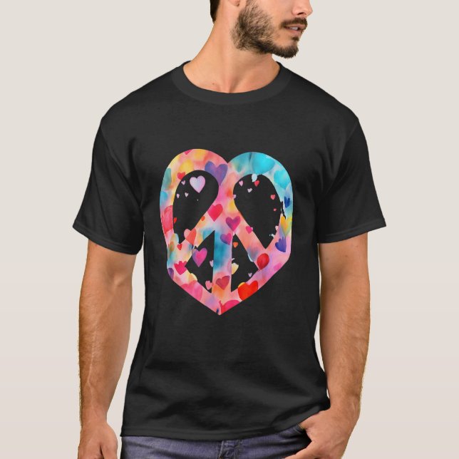 Heart Peace Sign World Love Flowers Hippie Groovy  T-Shirt (Front)
