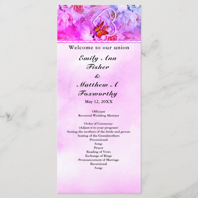 Heart Pearls Pink Floral Butterfly Wedding Program Programme (Front)