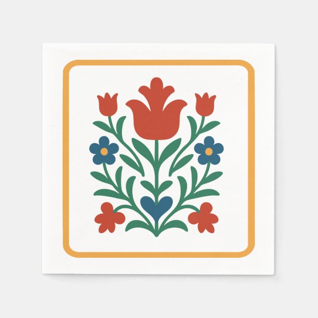 Heart & Petal Floral Folk Art Party Napkin (Front)