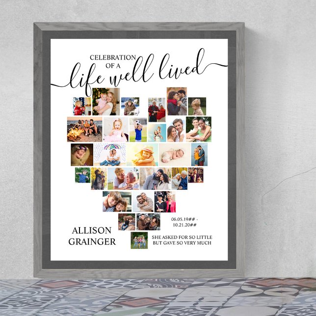 Heart Photo Collage Life Well Lived Custom Funeral Poster (Funeral memorial poster to order professionally printed or as a printable digital download)