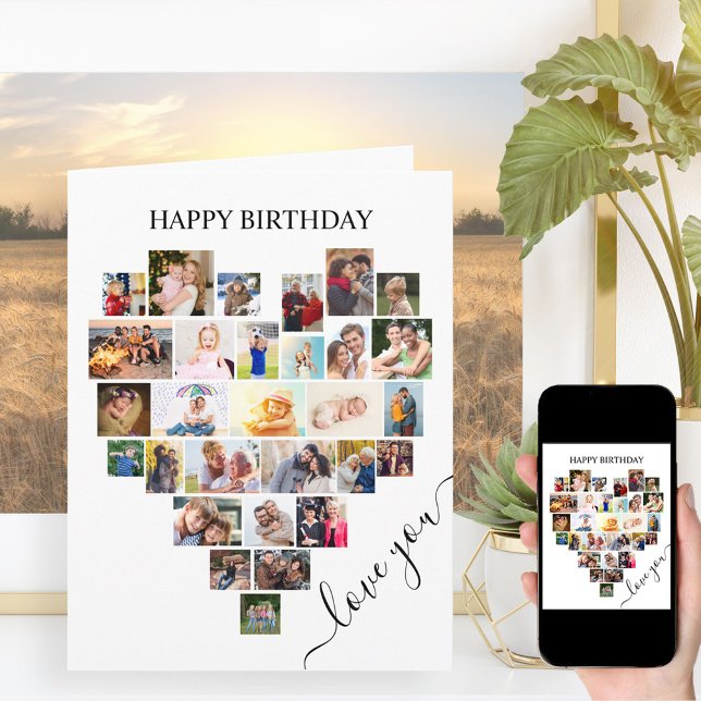 Heart Photo Collage Love Script Birthday Card (Creator Uploaded)