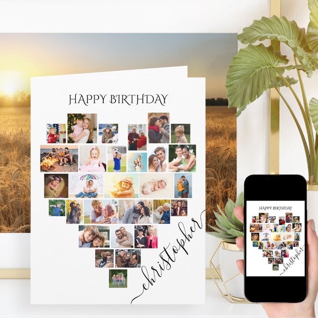 Heart Photo Collage Personalised Script Birthday Card (Creator Uploaded)