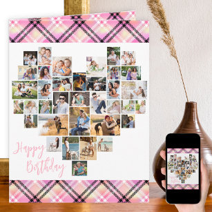 Heart Photo Collage Pink Plaid Any Age Birthday Card