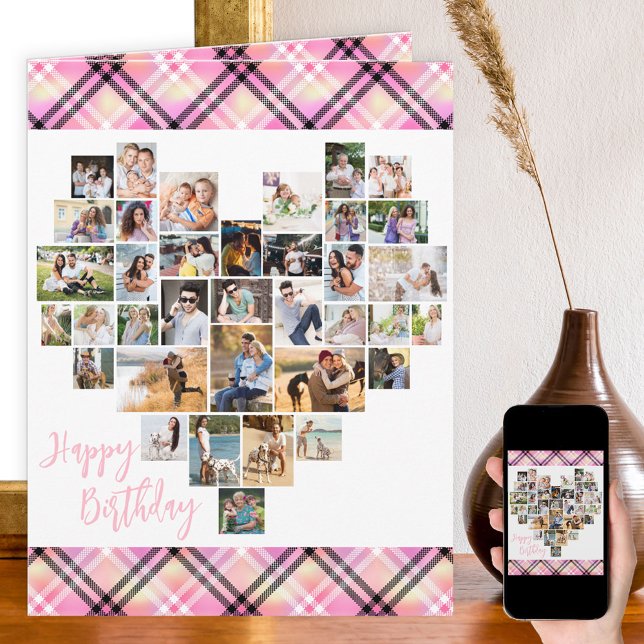 Heart Photo Collage Pink Plaid Any Age Birthday Card (Creator Uploaded)