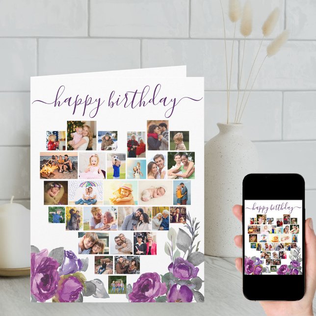 Heart Photo Collage Purple Floral Birthday Card (Creator Uploaded)