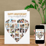 Heart Photo Collage White Personalised Anniversary Card<br><div class="desc">Say Happy Anniversary with a love heart photo collage, personalised card. The photo template is set up for you to add your pictures, working in rows from top to bottom. The photo collage holds 18 photos which are displayed in a mix of portrait, landscape and square / instagram formats. Happy...</div>