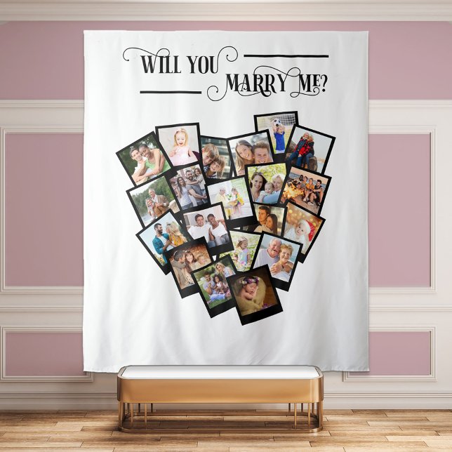 Heart Photo Collage Will You Marry Me Backdrop Tapestry (Creator Uploaded)