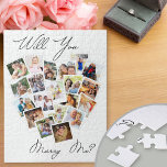 Heart Photo Collage Will You Marry Me Script Jigsaw Puzzle<br><div class="desc">Heart Shaped photo collage jigsaw with 20 of your favourite photos. Will You Marry Me? is lettered in handwritten script and your photos are displayed in square format on snapshot style backgrounds in a heart shape picture montage.</div>