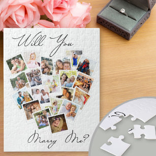 Heart Photo Collage Will You Marry Me Script Jigsaw Puzzle