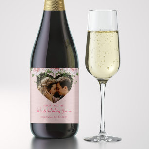 Heart photo personalised script modern couple sparkling wine label