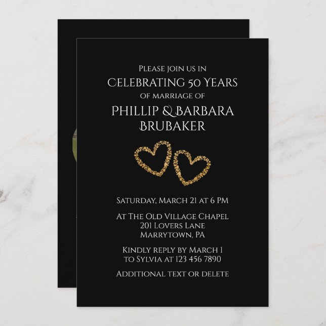 Heart Photos Golden 50th Wedding Anniversary Party Invitation (Front/Back)