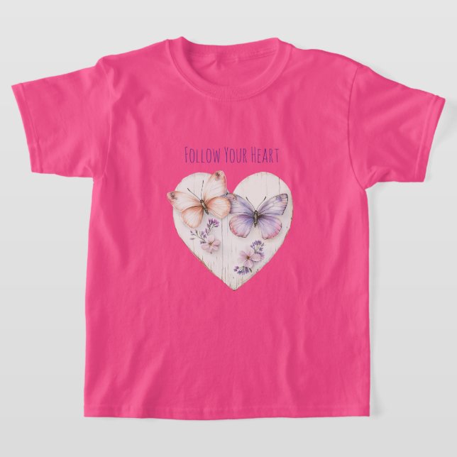 Heart Pink Purple Butterflies & Flowers T-Shirt (Laydown)