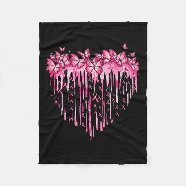 Heart Pink Ribbon Butterflies Breast Cancer Awaren Fleece Blanket (Front)