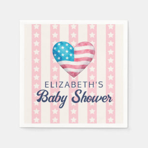 Heart & Pink Stars Stripes Baby Shower Napkin