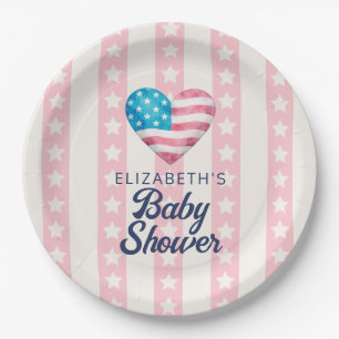 Heart & Pink Stars Stripes Baby Shower Paper Plate