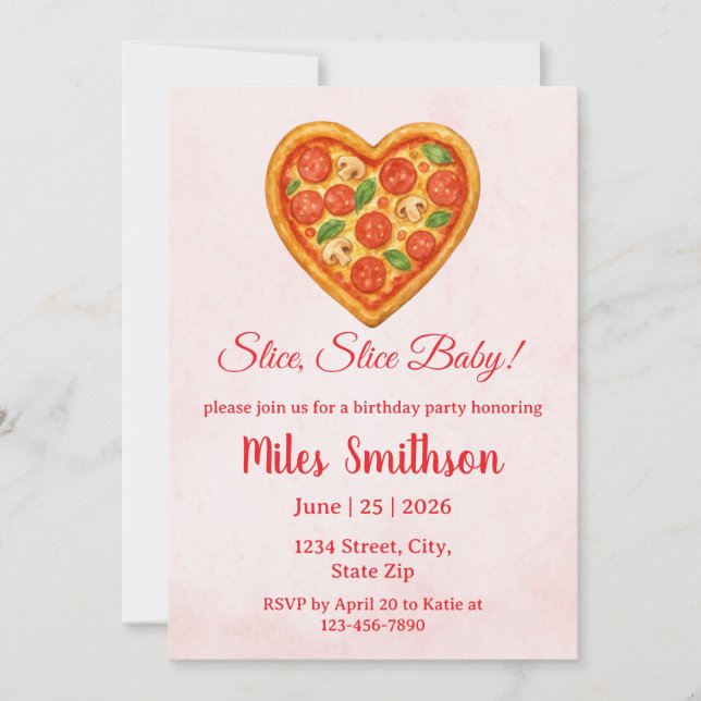 Heart Pizza Birthday Invitation | Red Chequered (Front)