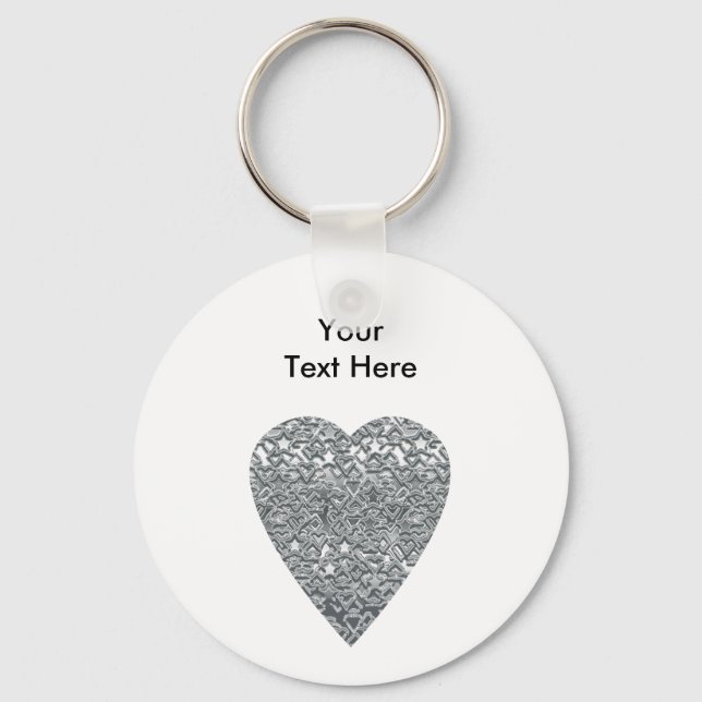 Heart. Printed Light Grey and Mid Grey Pattern. Key Ring (Front)