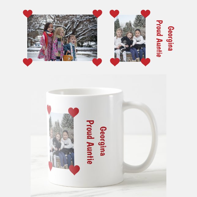 Heart Proud Auntie Love Personalise Photos Name Coffee Mug (Personalized name + 2 photos Proud Auntie mug. Hearts. Modern, cute Mother's Day / birthday gift)