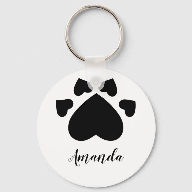 Heart Puppy Paws Print Monogrammed Key Ring (Front)