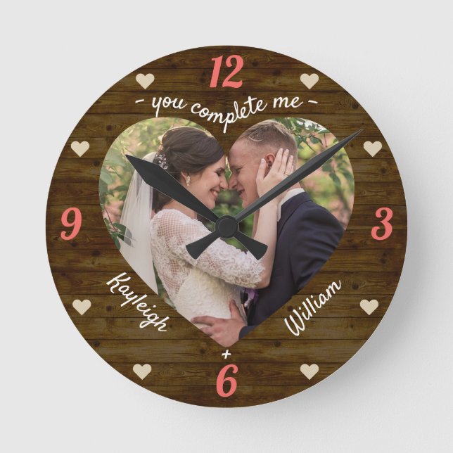 Heart Puzzle Wedding Photo Rustic You Complete Me Round Clock (Front)