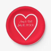 Heart Red White Wedding Custom Paper Plates 7"