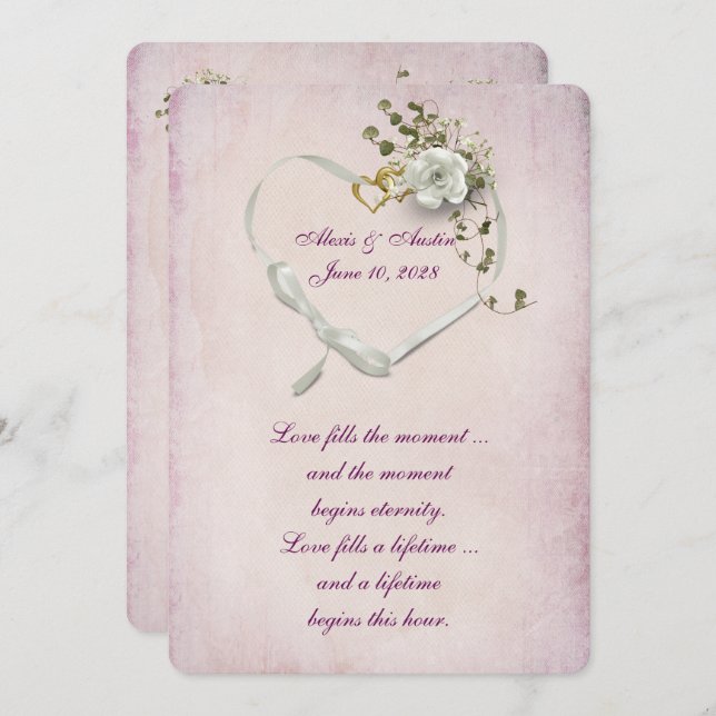 Heart ribbon and wedding rings on pink invitation (Front/Back)