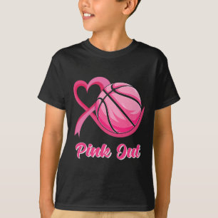 Heart Ribbon Basketball Pink Out Breast Cancer Awa T-Shirt
