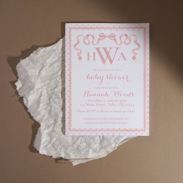 Heart Ribbon Coquette Monogram Baby Shower Invitation (Creator Uploaded)