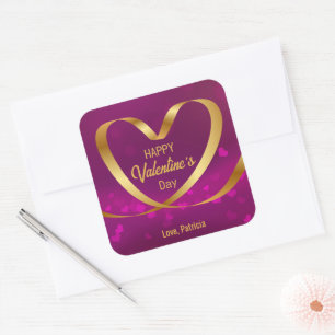 Heart Ribbon Gold Happy Valentine's Day Purple Square Sticker